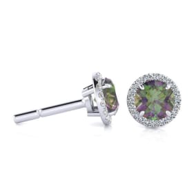 1 Carat Round Shape Mystic Topaz and Halo Diamond Earrings In 14 Karat White Gold