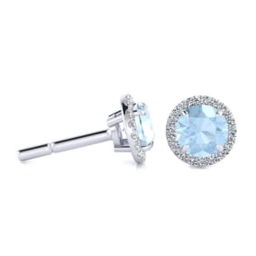 1 Carat Round Shape Aquamarine and Halo Diamond Earrings In 14 Karat White Gold