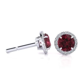 1 1/3 Carat Round Shape Garnet and Halo Diamond Earrings In 14 Karat White Gold