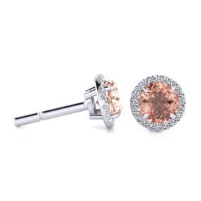 1 Carat Round Shape Morganite Earrings and Diamond Halo In 14 Karat White Gold