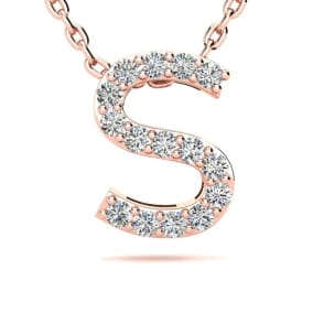Letter S Diamond Initial Necklace In 14K Rose Gold With 13 Diamonds