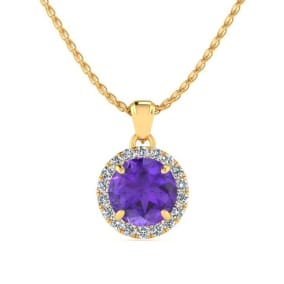3/4 Carat Round Shape Amethyst and Halo Diamond Necklace In 14 Karat Yellow Gold