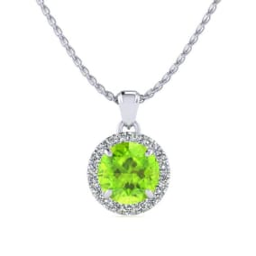 1 Carat Round Shape Peridot and Halo Diamond Necklace In 14 Karat White Gold