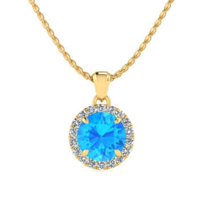 1 Carat Round Shape Blue Topaz and Halo Diamond Necklace In 14 Karat Yellow Gold