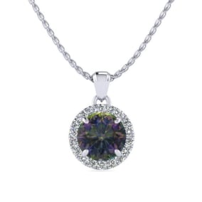 3/4 Carat Round Shape Mystic Topaz Necklace With Diamond Halo In 14 Karat White Gold, 18 Inches