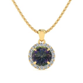 3/4 Carat Round Shape Mystic Topaz Necklace With Diamond Halo In 14 Karat Yellow Gold, 18 Inches