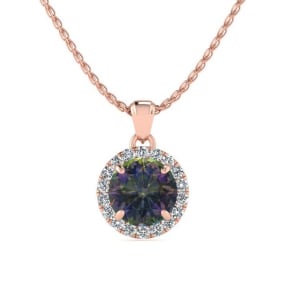 3/4 Carat Round Shape Mystic Topaz Necklace With Diamond Halo In 14 Karat Rose Gold, 18 Inches