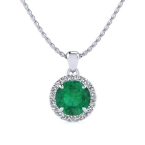 1 Carat Round Shape Emerald Necklaces With Diamond Halo In 14 Karat White Gold, 18 Inch Chain