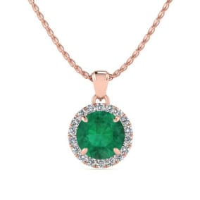 1 Carat Round Shape Emerald Necklaces With Diamond Halo In 14 Karat Rose Gold, 18 Inch Chain