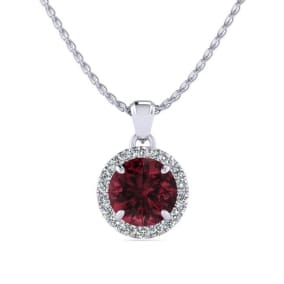 1 1/4 Carat Round Shape Garnet and Halo Diamond Necklace In 14 Karat White Gold
