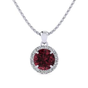 Garnet Necklace: Garnet Jewelry: 1 1/4 Carat Round Shape Garnet and Halo Diamond Necklace In 14 Karat White Gold