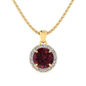 1 1/4 Carat Round Shape Garnet and Halo Diamond Necklace In 14 Karat Yellow Gold