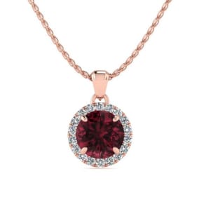 Garnet Necklace: Garnet Jewelry: 1 1/4 Carat Round Shape Garnet and Halo Diamond Necklace In 14 Karat Rose Gold