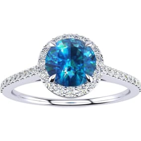 1 Carat Blue Diamond Halo Engagement Ring in 14k White Gold