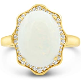 5 Carat Opal Ring with Halo Diamonds In 14 Karat Yellow Gold