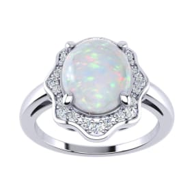 1-2/3 Carat Opal Ring and Halo Diamonds In 14 Karat White Gold