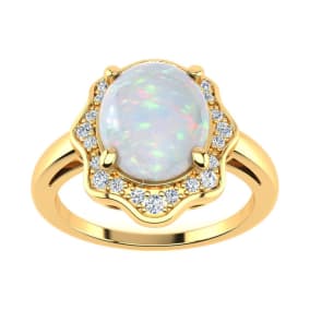1-2/3 Carat Opal Ring and Halo Diamonds In 14 Karat Yellow Gold