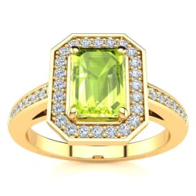 1 1/3 Carat Peridot and Halo Diamond Ring In 14 Karat Yellow Gold