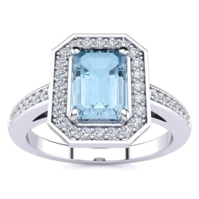 1 Carat Aquamarine and Halo Diamond Ring In 14 Karat White Gold