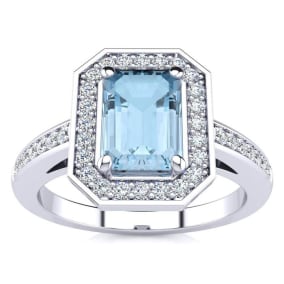 Aquamarine Ring: Aquamarine Jewelry: 1 Carat Aquamarine and Halo Diamond Ring In 14 Karat White Gold