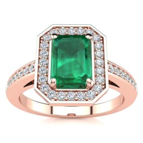1 Carat Emerald and Halo Diamond Ring In 14 Karat Rose Gold