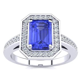 1 1/3 Carat Tanzanite and Halo Diamond Ring In 14 Karat White Gold