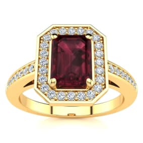 1 1/2 Carat Garnet and Halo Diamond Ring In 14 Karat Yellow Gold