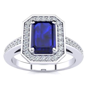 1 1/3 Carat Sapphire and Halo Diamond Ring In 14 Karat White Gold