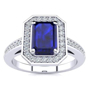 1 1/3 Carat Sapphire and Halo Diamond Ring In 14 Karat White Gold