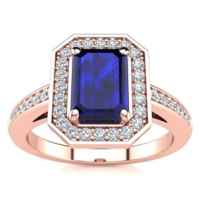 1 1/3 Carat Sapphire and Halo Diamond Ring In 14 Karat Rose Gold