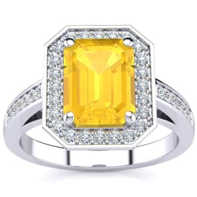 2 Carat Citrine and Halo Diamond Ring In 14 Karat White Gold