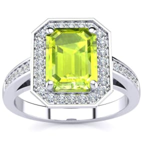 2 Carat Peridot and Halo Diamond Ring In 14 Karat White Gold
