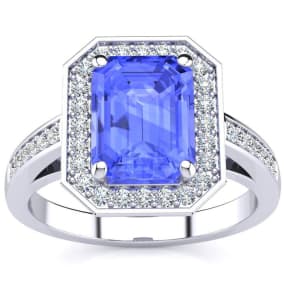 2 Carat Tanzanite and Halo Diamond Ring In 14 Karat White Gold