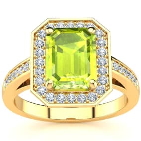 3 Carat Peridot and Halo Diamond Ring In 14 Karat Yellow Gold