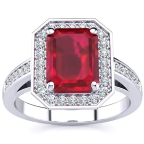 3 1/3 Carat Ruby and Halo Diamond Ring In 14 Karat White Gold