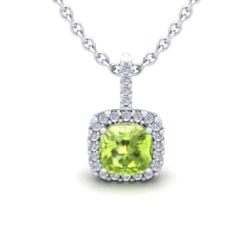 1 1/4 Carat Cushion Cut Peridot and Halo Diamond Necklace In 14 Karat White Gold, 18 Inches