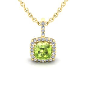 1 1/4 Carat Cushion Cut Peridot and Halo Diamond Necklace In 14 Karat Yellow Gold, 18 Inches