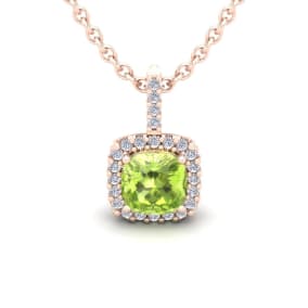 1 1/4 Carat Cushion Cut Peridot and Halo Diamond Necklace In 14 Karat Rose Gold, 18 Inches