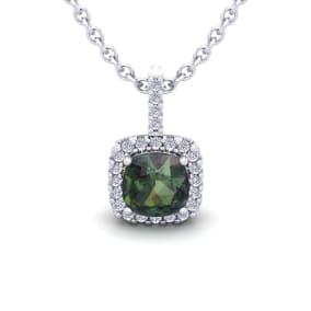 1-1/3 Carat Cushion Shape Mystic Topaz Necklace With Diamond Halo In 14 Karat White Gold, 18 Inches