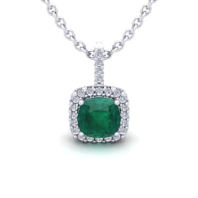 1-1/4 Carat Cushion Shape Emerald Necklaces With Diamond Halo In 14 Karat White Gold, 18 Inch Chain