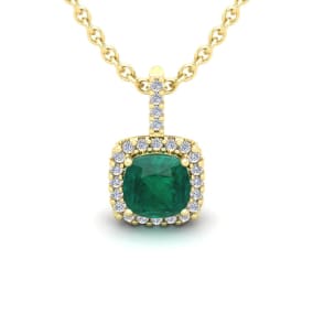 1-1/4 Carat Cushion Shape Emerald Necklaces With Diamond Halo In 14 Karat Yellow Gold, 18 Inch Chain