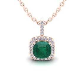 1-1/4 Carat Cushion Shape Emerald Necklaces With Diamond Halo In 14 Karat Rose Gold, 18 Inch Chain