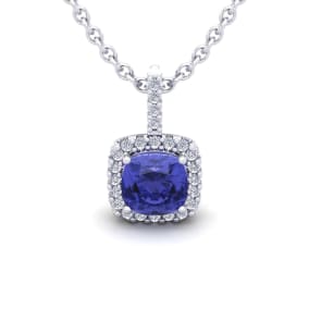 1 Carat Cushion Cut Tanzanite and Halo Diamond Necklace In 14 Karat White Gold, 18 Inches