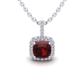 1 1/4 Carat Cushion Cut Garnet and Halo Diamond Necklace In 14 Karat White Gold, 18 Inches