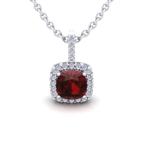 Garnet Necklace: Garnet Jewelry: 1 1/4 Carat Cushion Cut Garnet and Halo Diamond Necklace In 14 Karat White Gold, 18 Inches