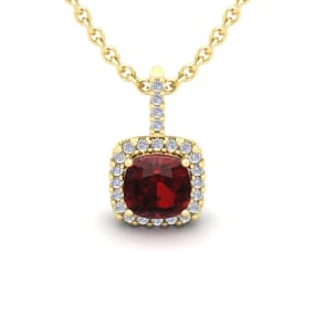 1 1/4 Carat Cushion Cut Garnet and Halo Diamond Necklace In 14 Karat Yellow Gold, 18 Inches
