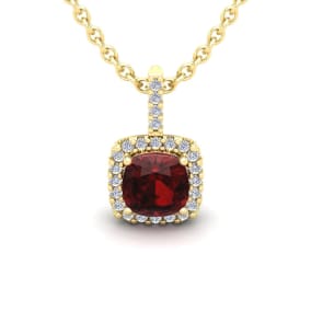 Garnet Necklace: Garnet Jewelry: 1 1/4 Carat Cushion Cut Garnet and Halo Diamond Necklace In 14 Karat Yellow Gold, 18 Inches