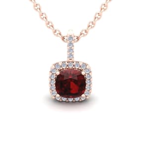 Garnet Necklace: Garnet Jewelry: 1 1/4 Carat Cushion Cut Garnet and Halo Diamond Necklace In 14 Karat Rose Gold, 18 Inches