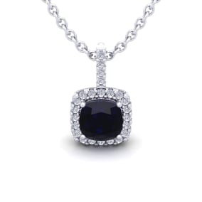 1 1/4 Carat Cushion Cut Sapphire and Halo Diamond Necklace In 14 Karat White Gold, 18 Inches