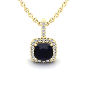 1 1/4 Carat Cushion Cut Sapphire and Halo Diamond Necklace In 14 Karat Yellow Gold, 18 Inches